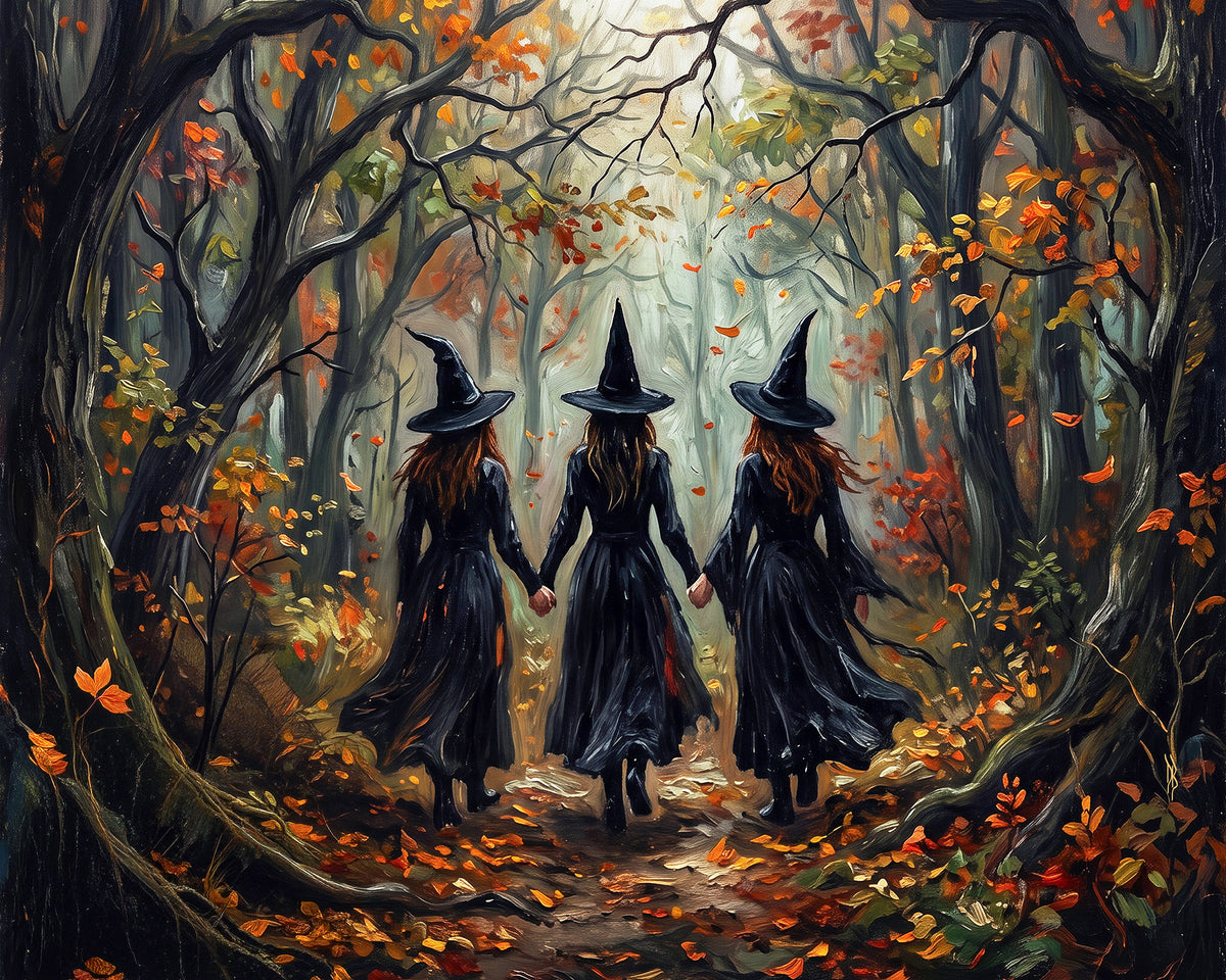 Three Witches in the Autumn Forest | Canvas or Paper Art Print