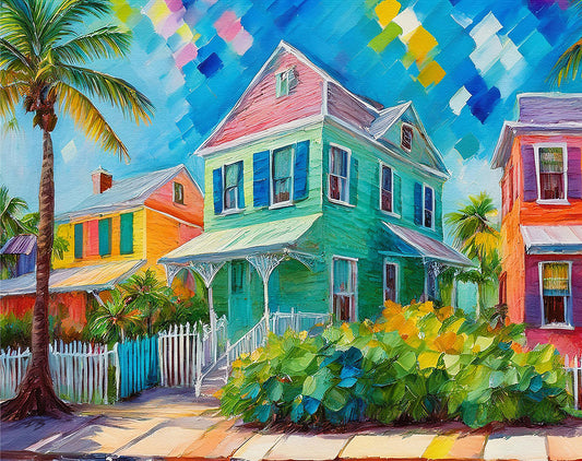 Key West Colorful Conch Cottage Neighborhood | Canvas or Paper Art Print