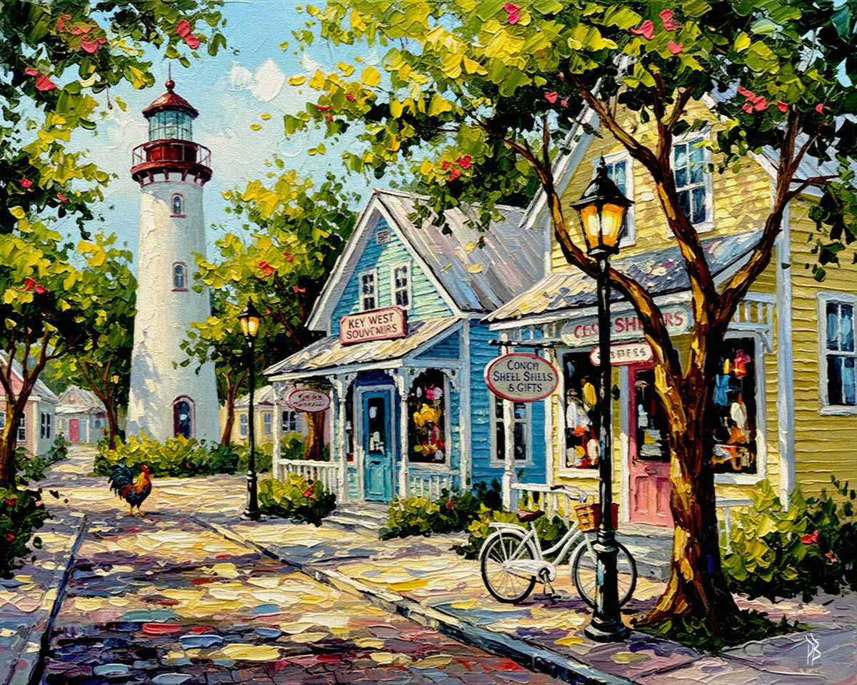 Key West Lighthouse & Colorful Shops | Canvas or Paper Art Print
