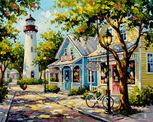 Key West Lighthouse & Colorful Shops | Canvas or Paper Art Print
