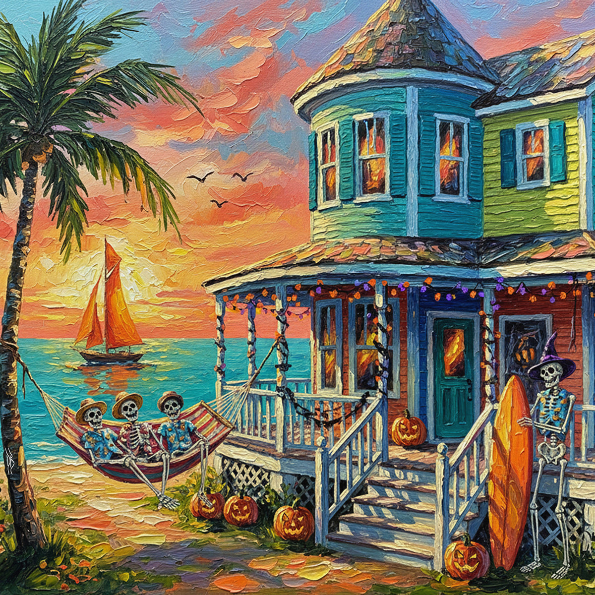Key West Halloween Skeleton Beach Cottage Sunset | Ceramic Art Tile
