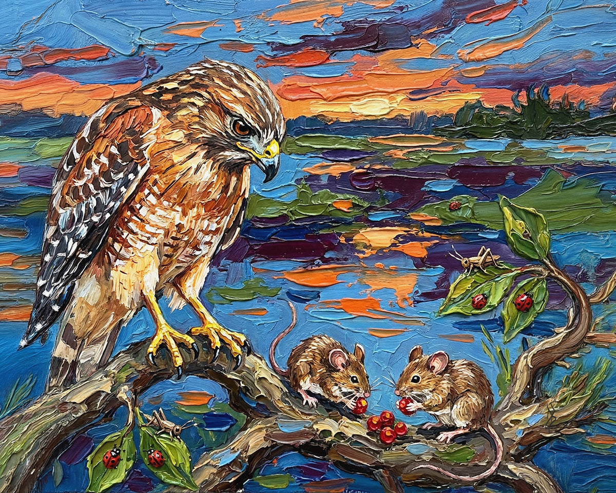 Hawk & Two Mice at Sunset | Canvas or Paper Wildlife Art Print