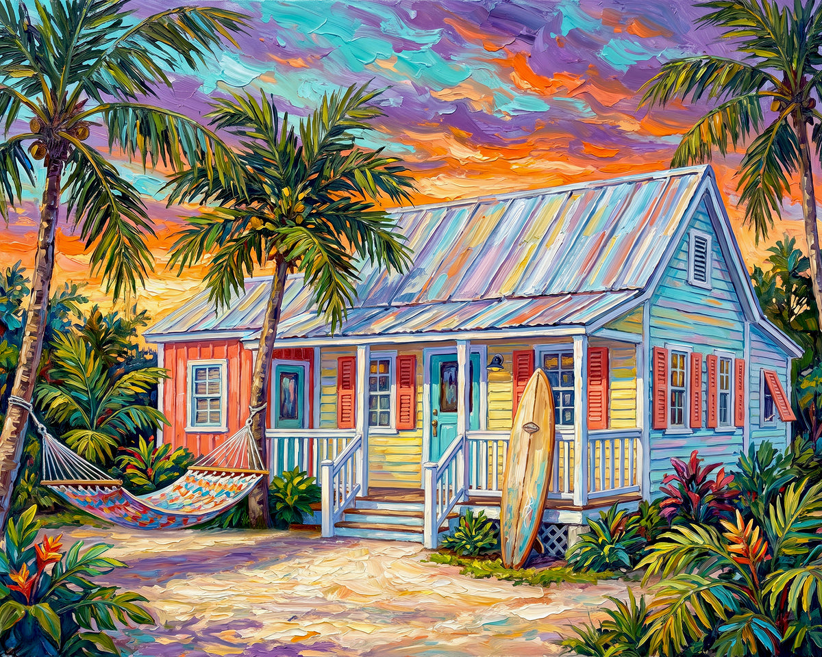 Key West Sunset Conch Cottage with Surfboard & Hammock | Canvas or Paper Art Print