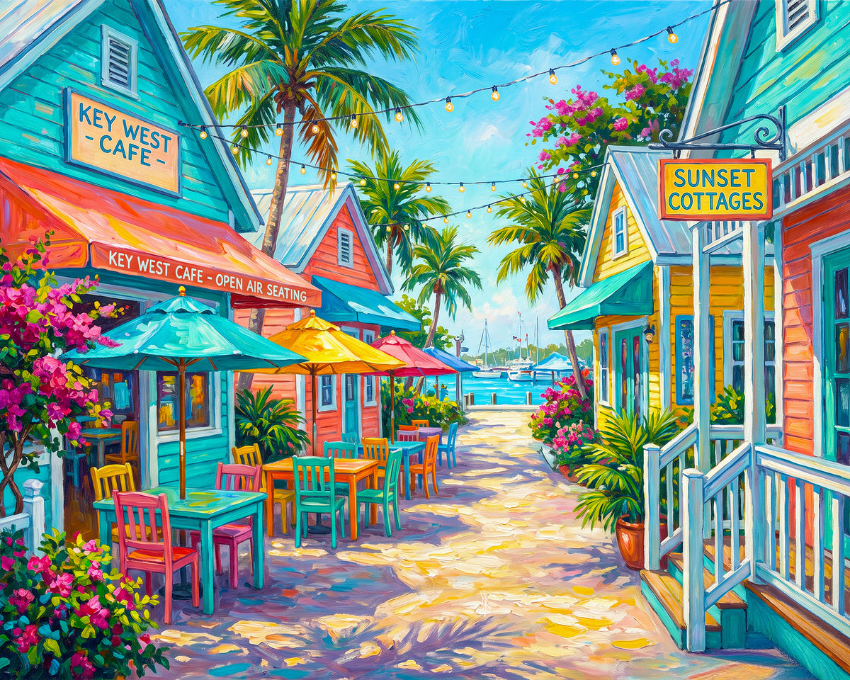 Key West Cafe Open Air Seating Street Scene | Canvas or Paper Art Print