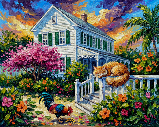 Key West Audubon House with Cat & Rooster | Canvas or Paper Art Print