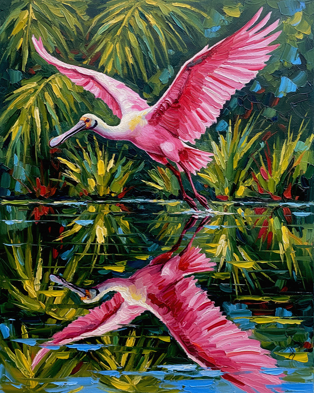 Roseate Spoonbill in Flight Over Tropical Wetlands | Canvas or Paper Art Print