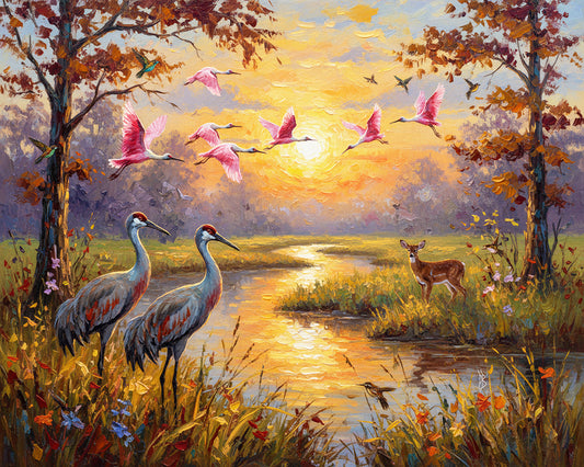 Sandhill Cranes & Spoonbills Florida Wetlands Sunset Fine Art Print | Wildlife Art | Canvas or Paper