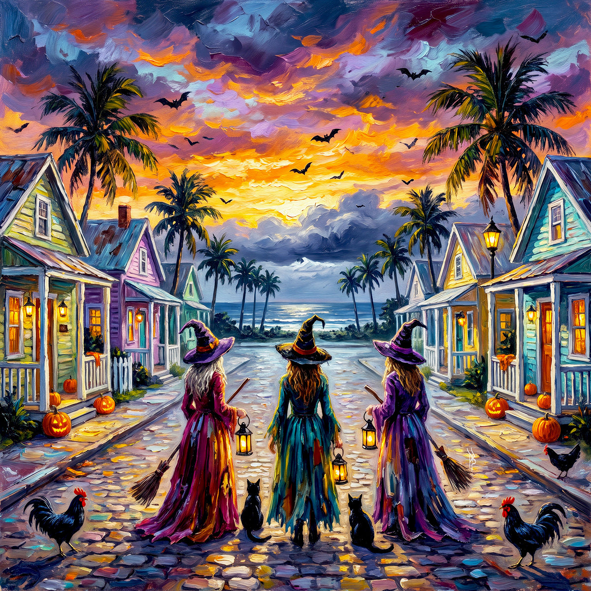 Key West Halloween Three Witches on Cobblestone Street | Ceramic Art Tile