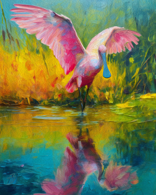 Roseate Spoonbill Wading in Blue Waters: Florida Wildlife Art Print