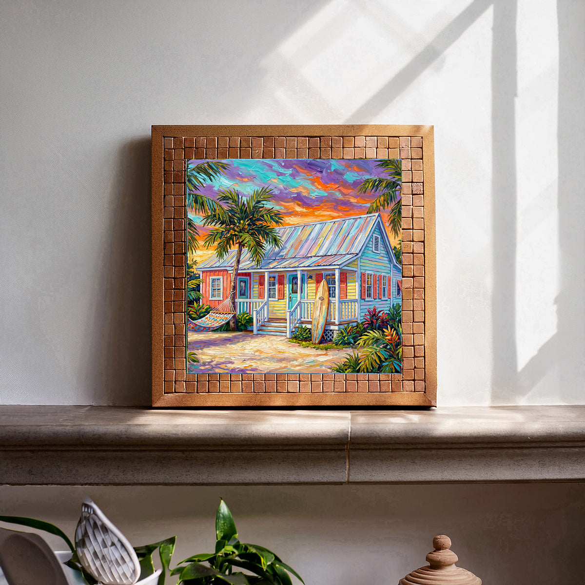 Key West Sunset Conch Cottage with Surfboard & Hammock Ceramic Art Tile