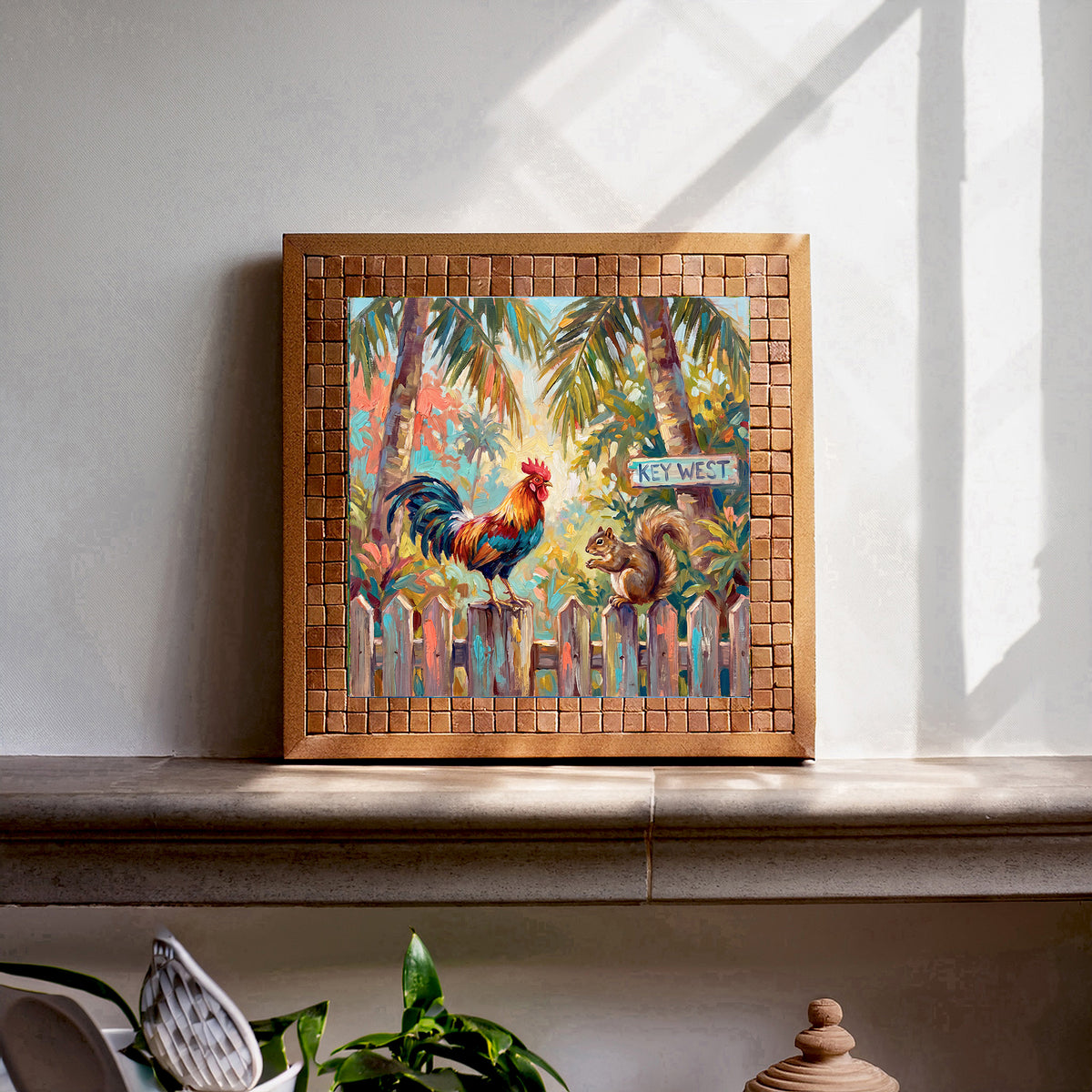 Key West Rooster & Squirrel on the Fence | Ceramic Art Tile