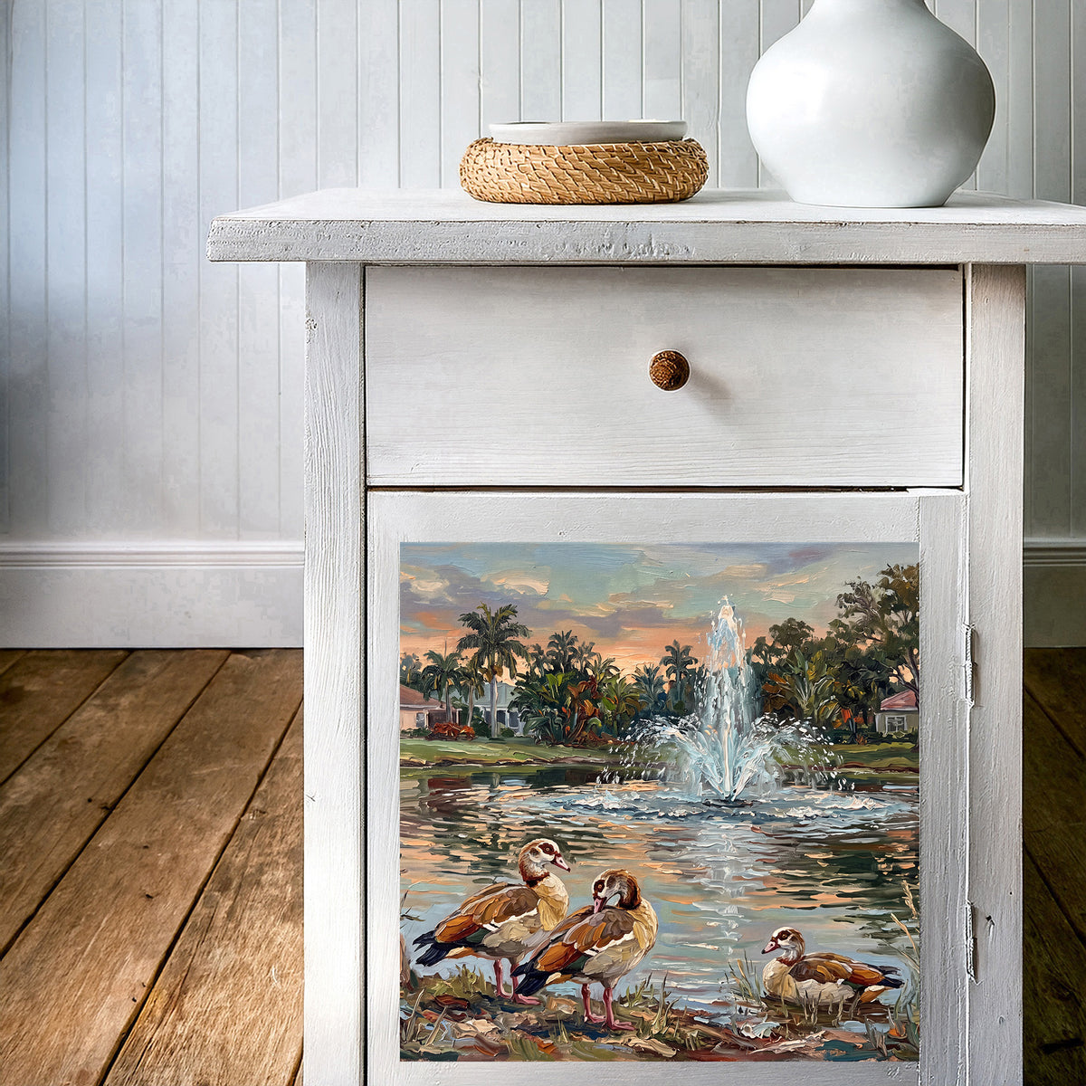 Egyptian Geese at the Sunset Fountain | Glossy Ceramic Art Tile