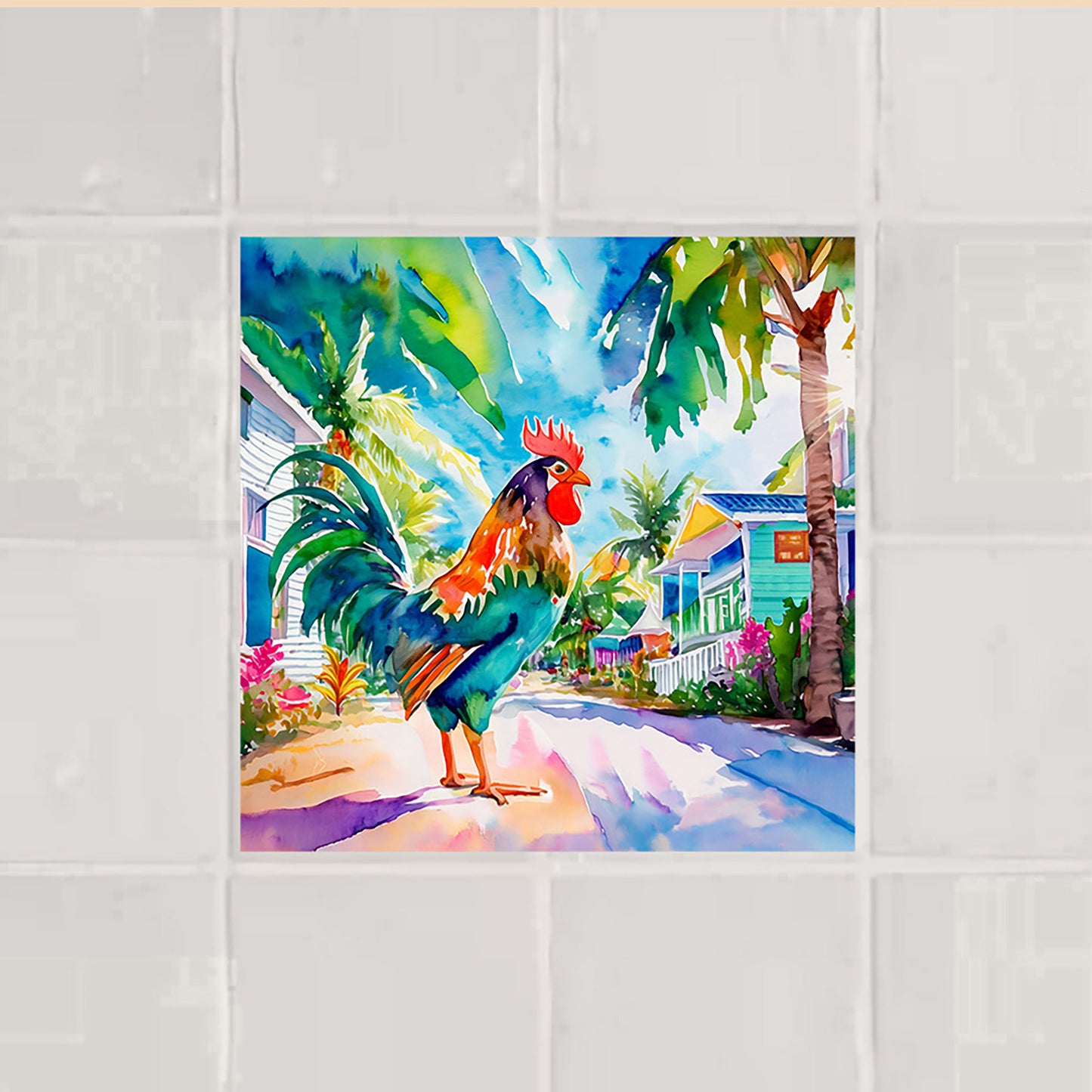 Key West Rooster Strutting Through Paradise Watercolor Ceramic Art Tile