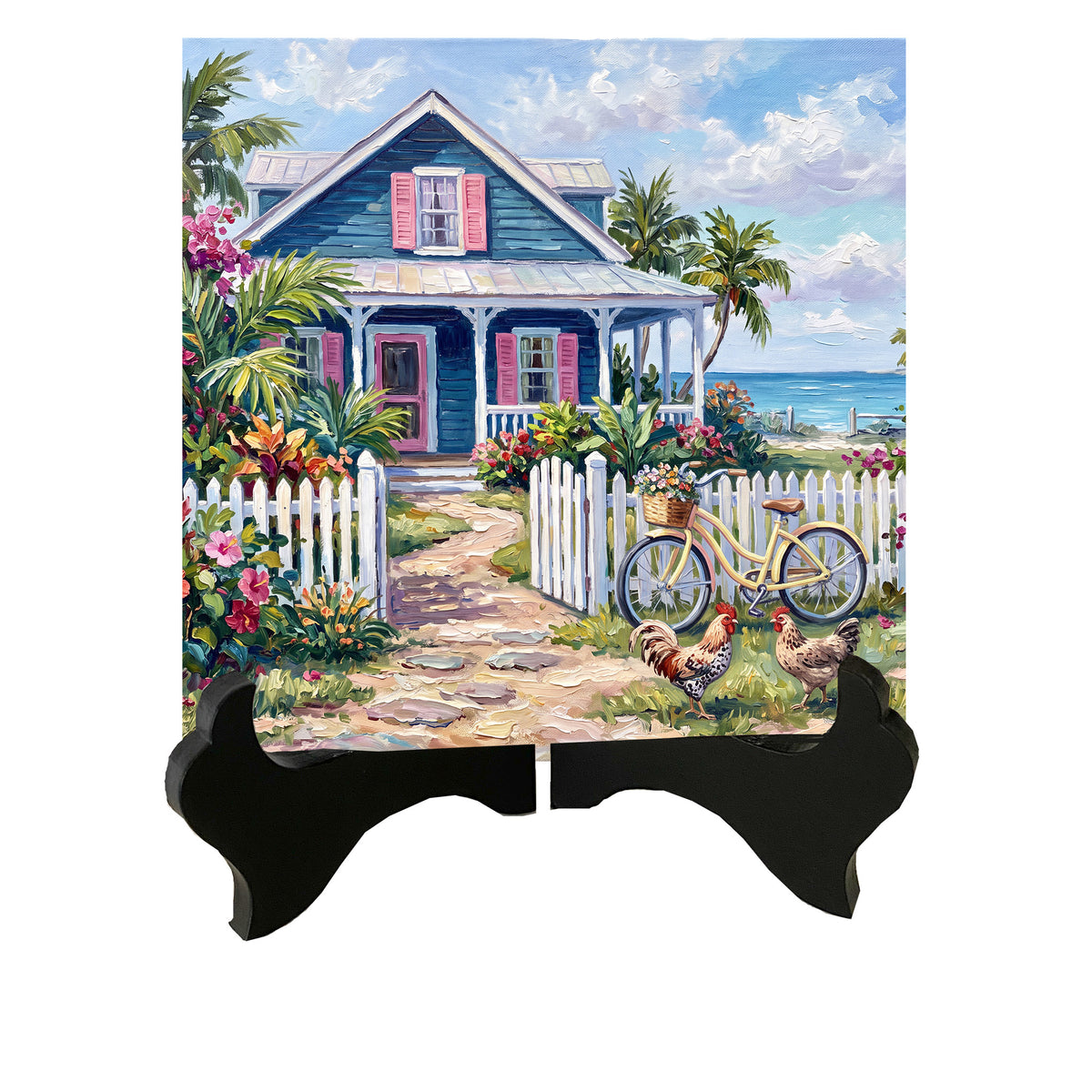 Key West Blue Cottage & Bicycle | Glossy Ceramic Art Tile
