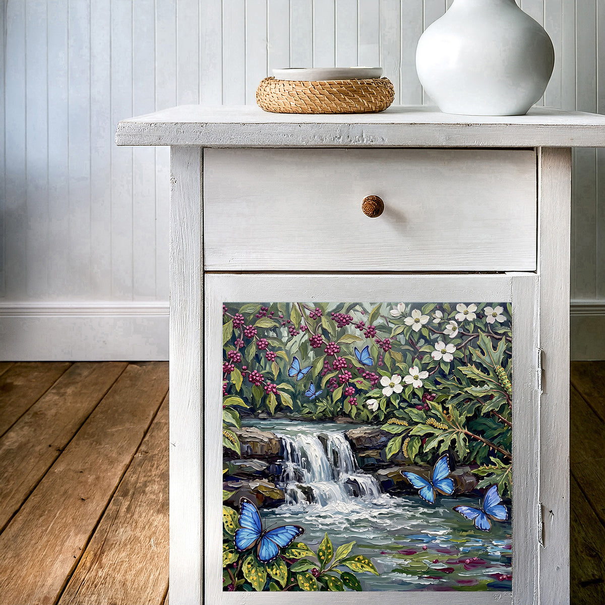Azure Butterfly Garden | Glossy Smooth Ceramic Art Tile