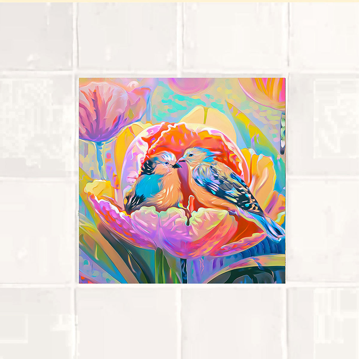 Two Birds in a Tulip – Glossy Ceramic Art Tile