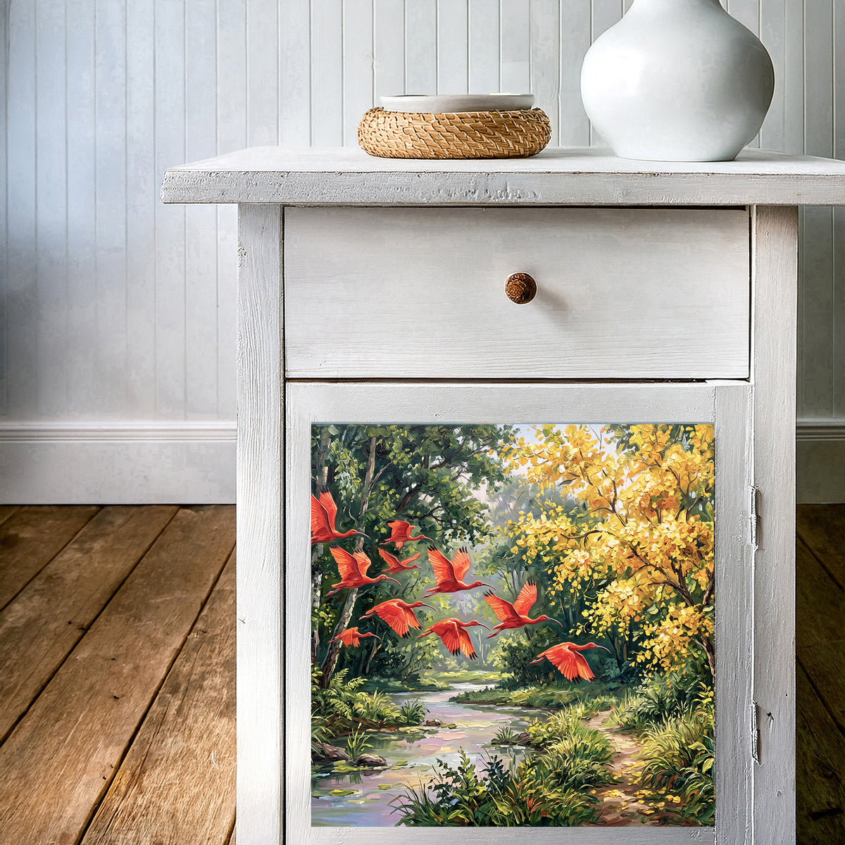Scarlet Wings Beneath the Golden Canopy | Glossy Ceramic Art Tile