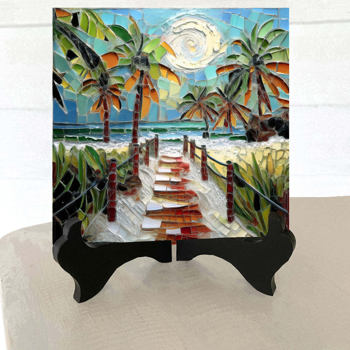 Beach Path to the Sea – Mosaic Look Palm Tile | Glossy Ceramic Art Tile