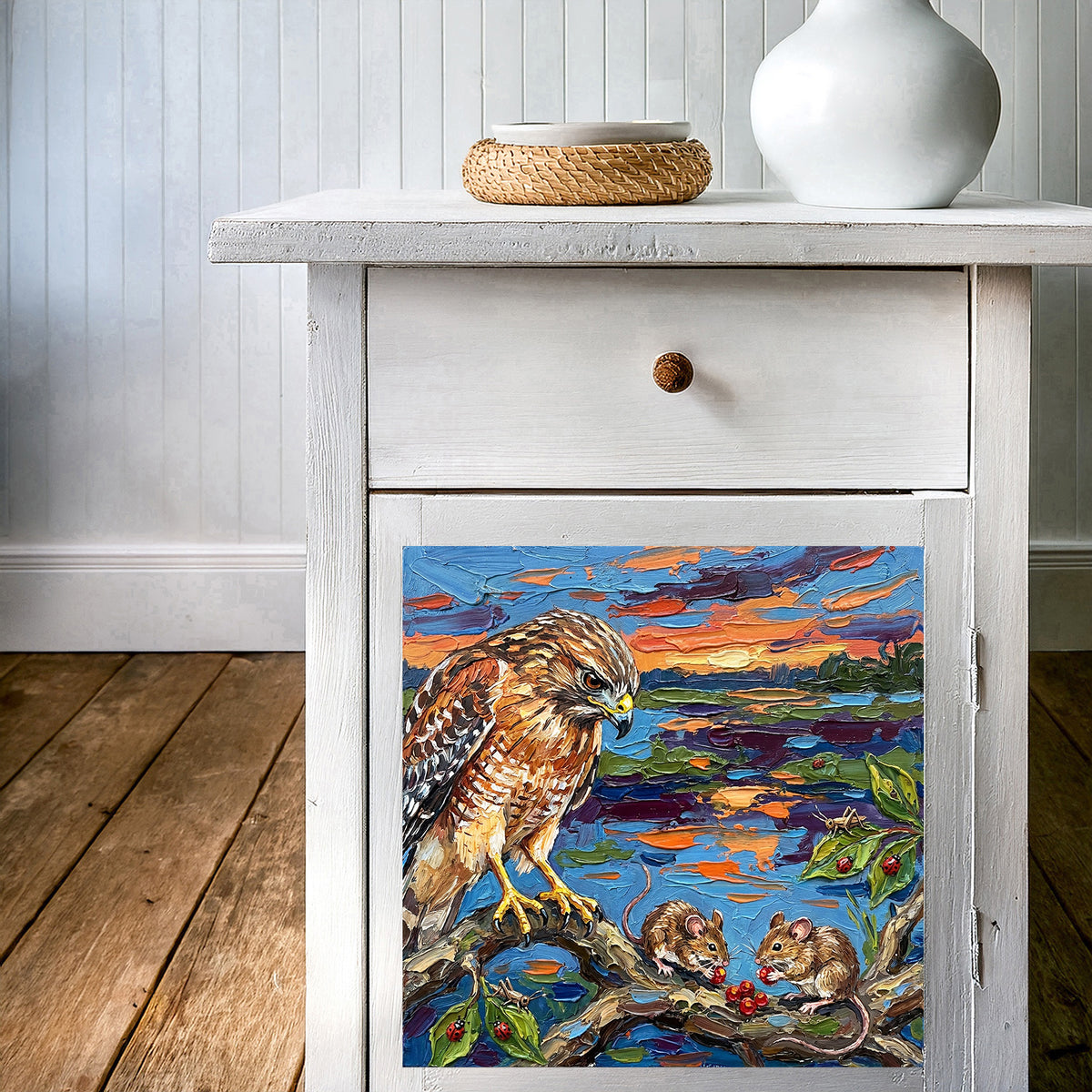 Hawk and Mice by the Water – Glossy Ceramic Art Tile