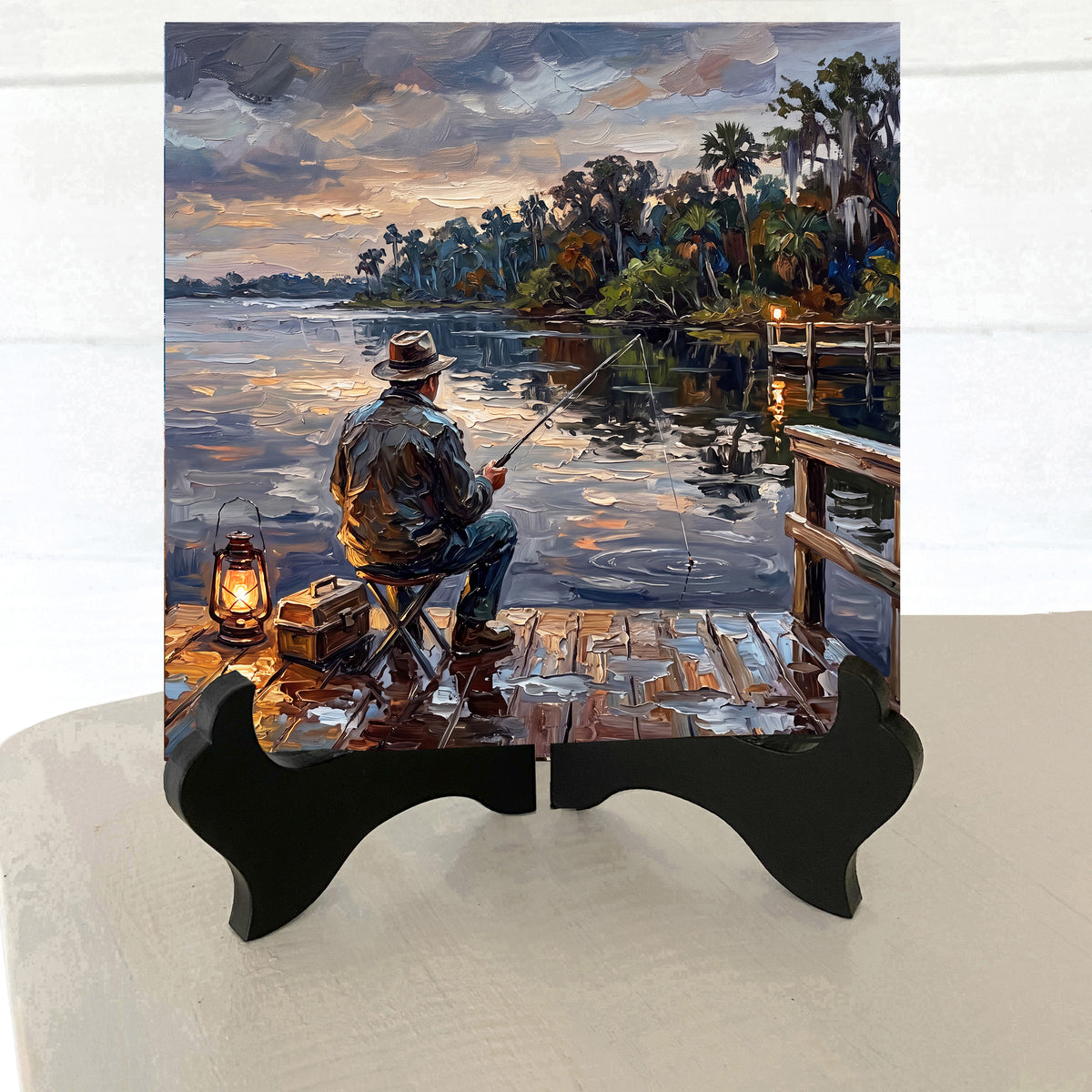 Lantern-Lit Fishing at Dusk | Glossy Ceramic Art Tile