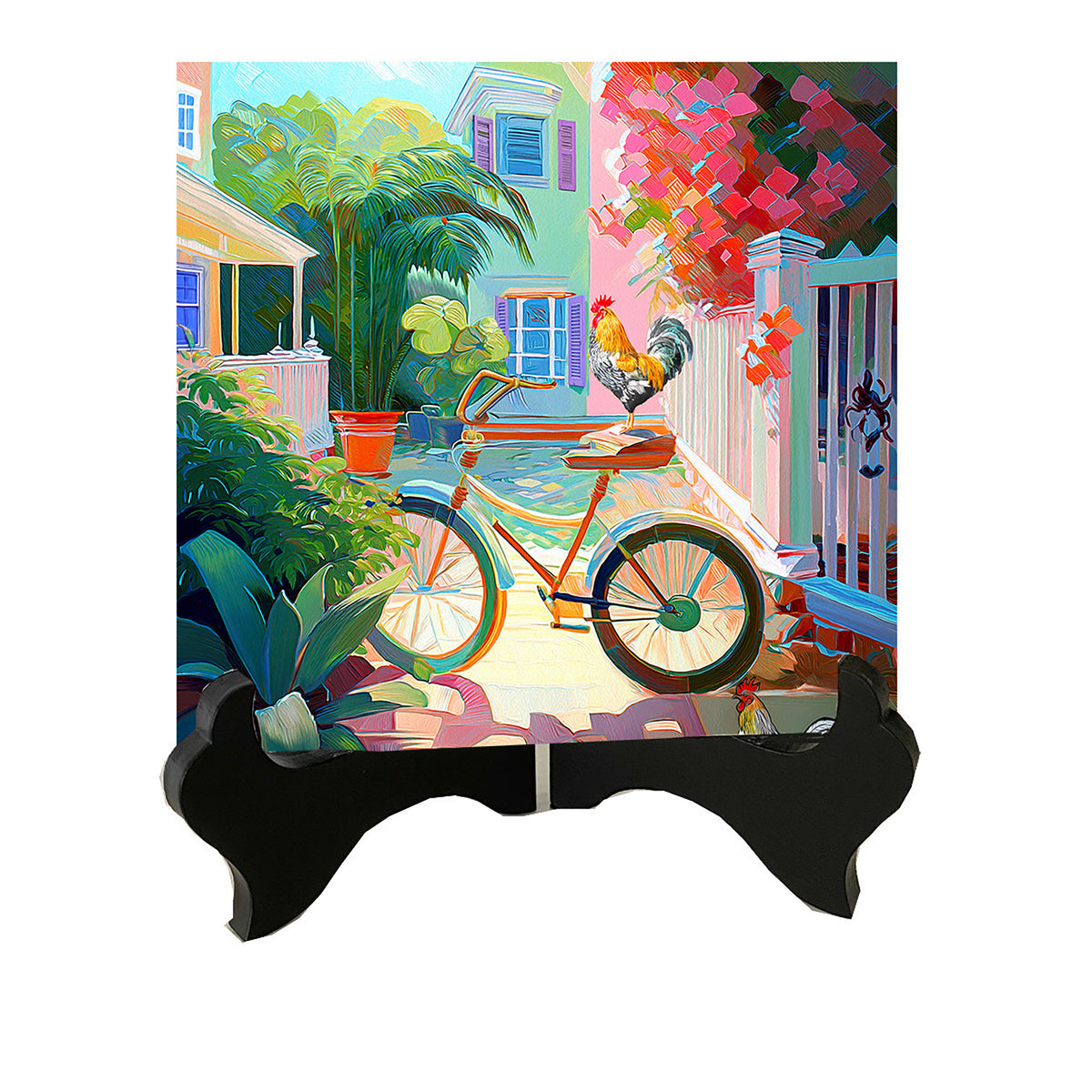 Key West Courtyard Roosters & Bicycle Ceramic Art Tile