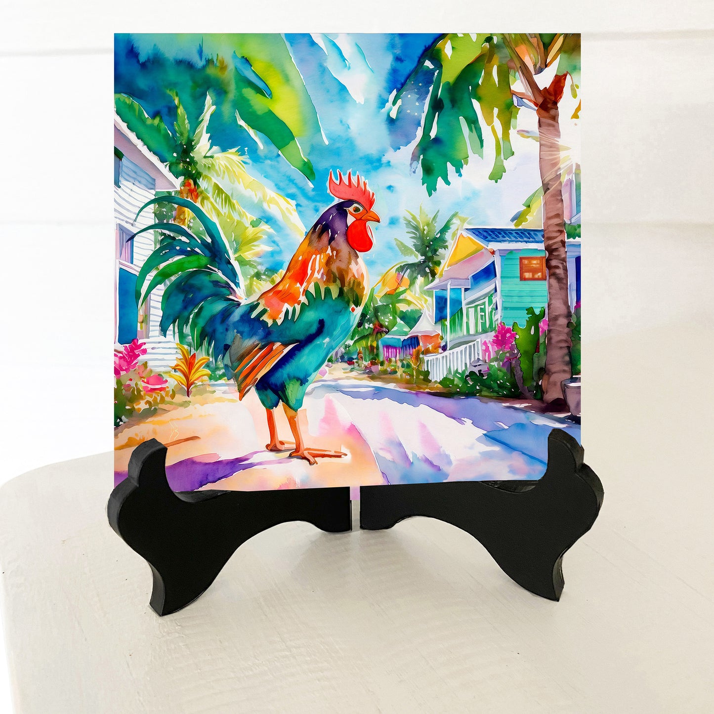 Key West Rooster Strutting Through Paradise Watercolor Ceramic Art Tile