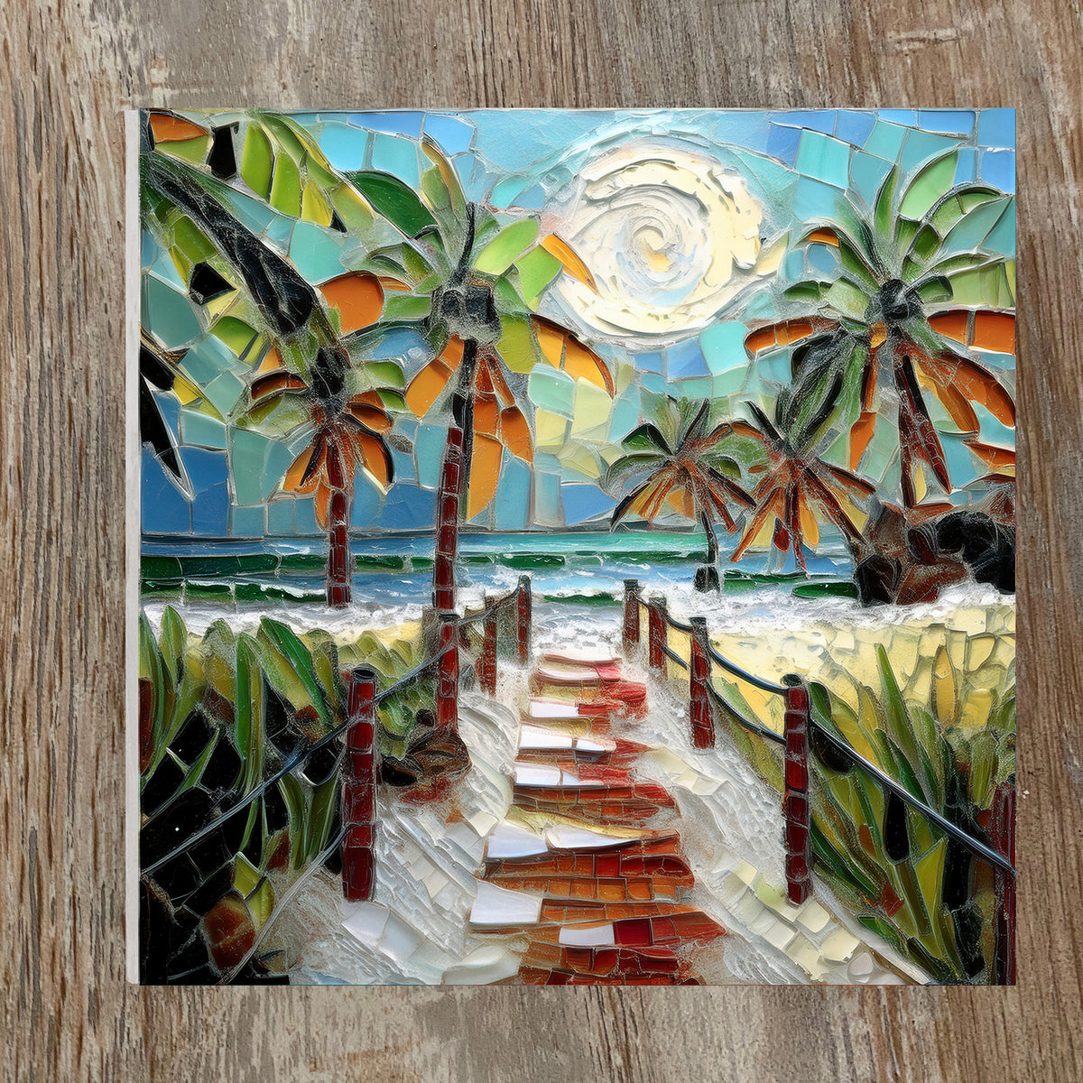 Beach Path to the Sea – Mosaic Look Palm Tile | Glossy Ceramic Art Tile