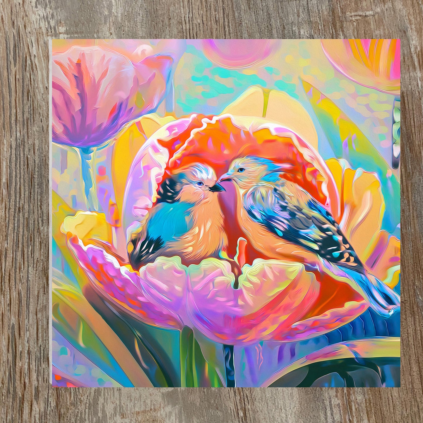 Two Birds in a Tulip – Glossy Ceramic Art Tile