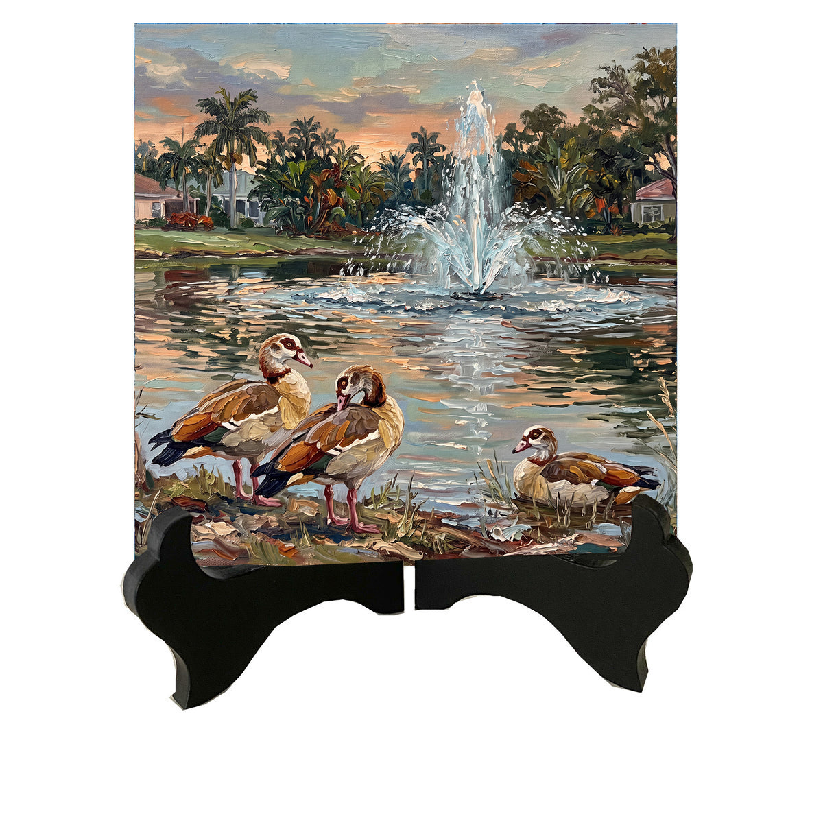 Egyptian Geese at the Sunset Fountain | Glossy Ceramic Art Tile