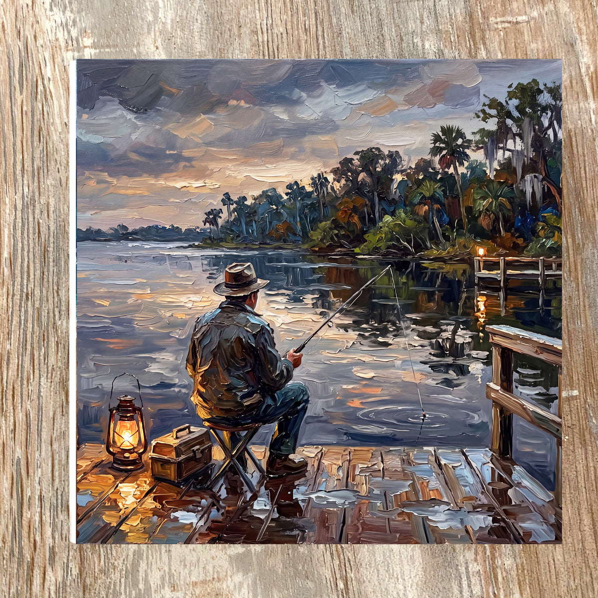 Lantern-Lit Fishing at Dusk | Glossy Ceramic Art Tile