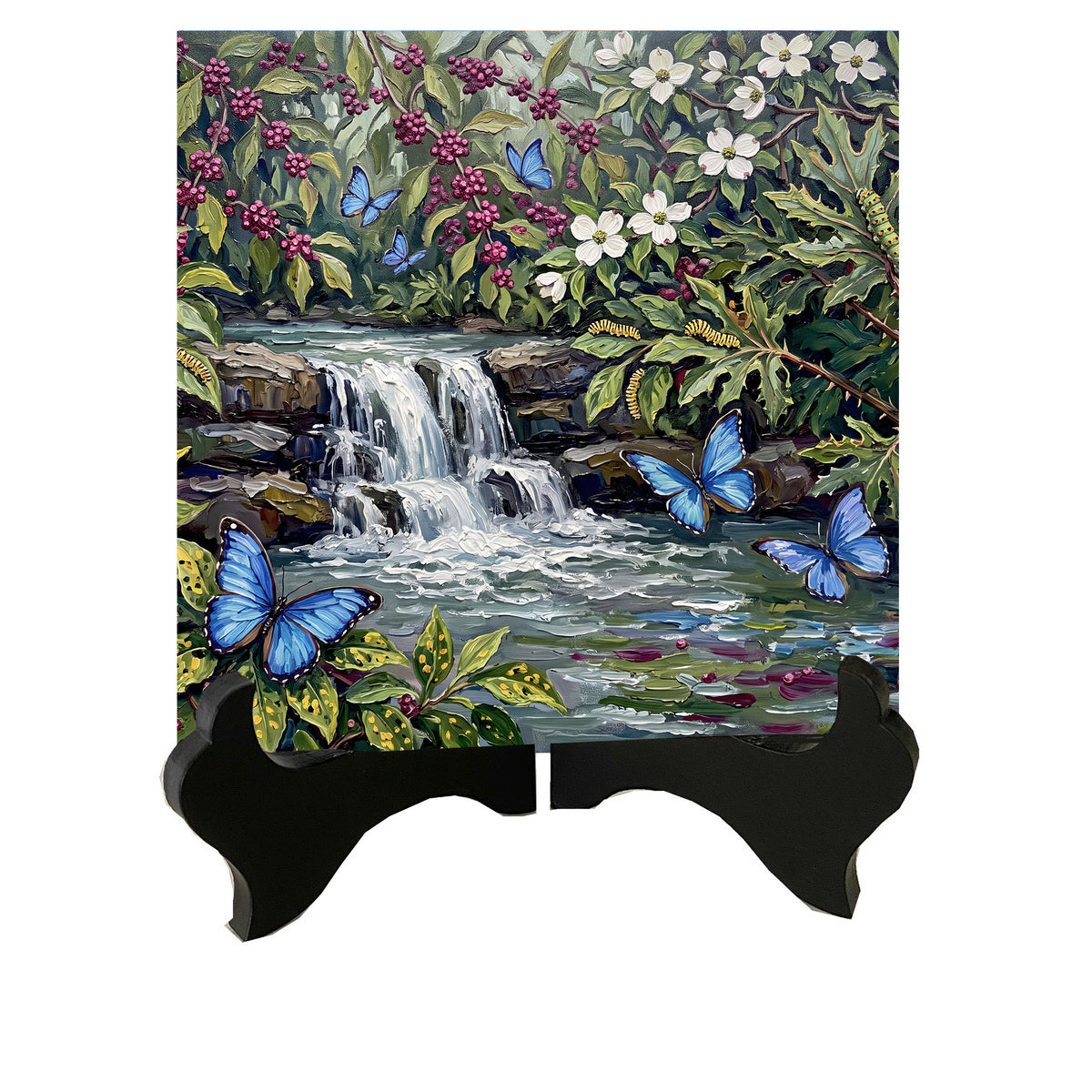 Azure Butterfly Garden | Glossy Smooth Ceramic Art Tile