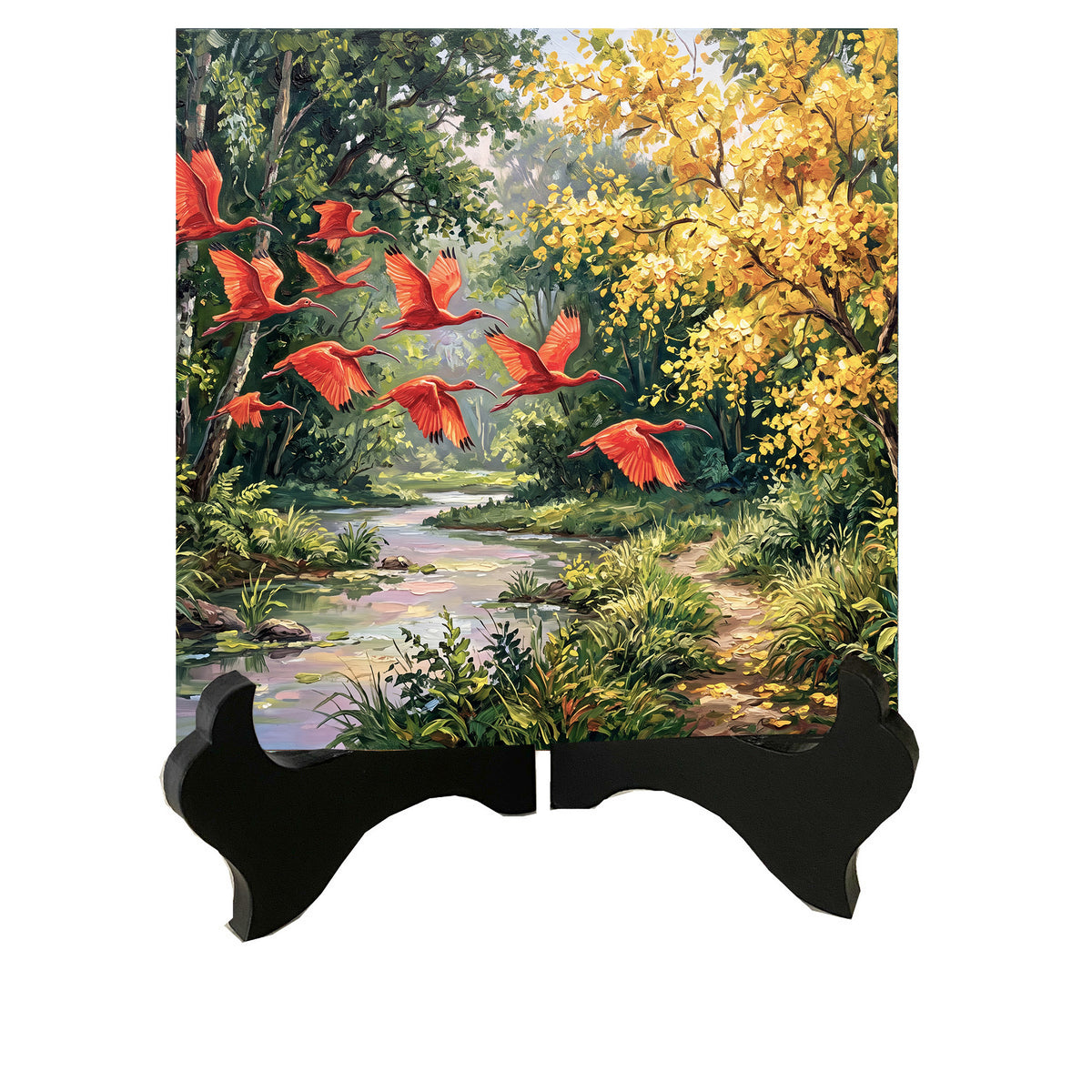 Scarlet Wings Beneath the Golden Canopy | Glossy Ceramic Art Tile