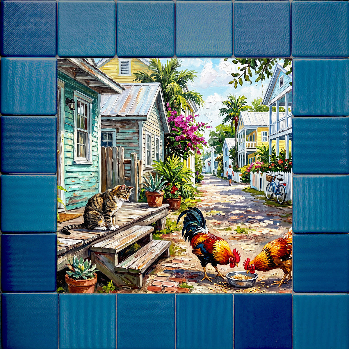 Key West Lane with Cat & Roosters | Glossy Ceramic Art Tile