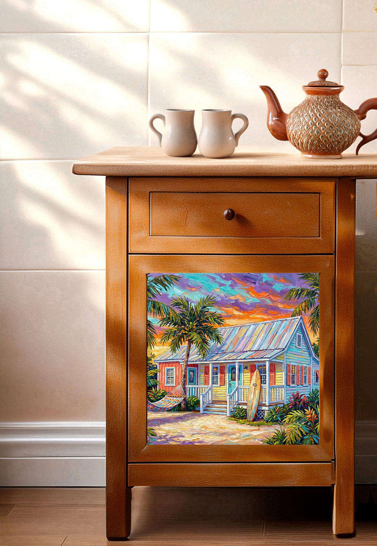 Key West Sunset Conch Cottage with Surfboard & Hammock Ceramic Art Tile