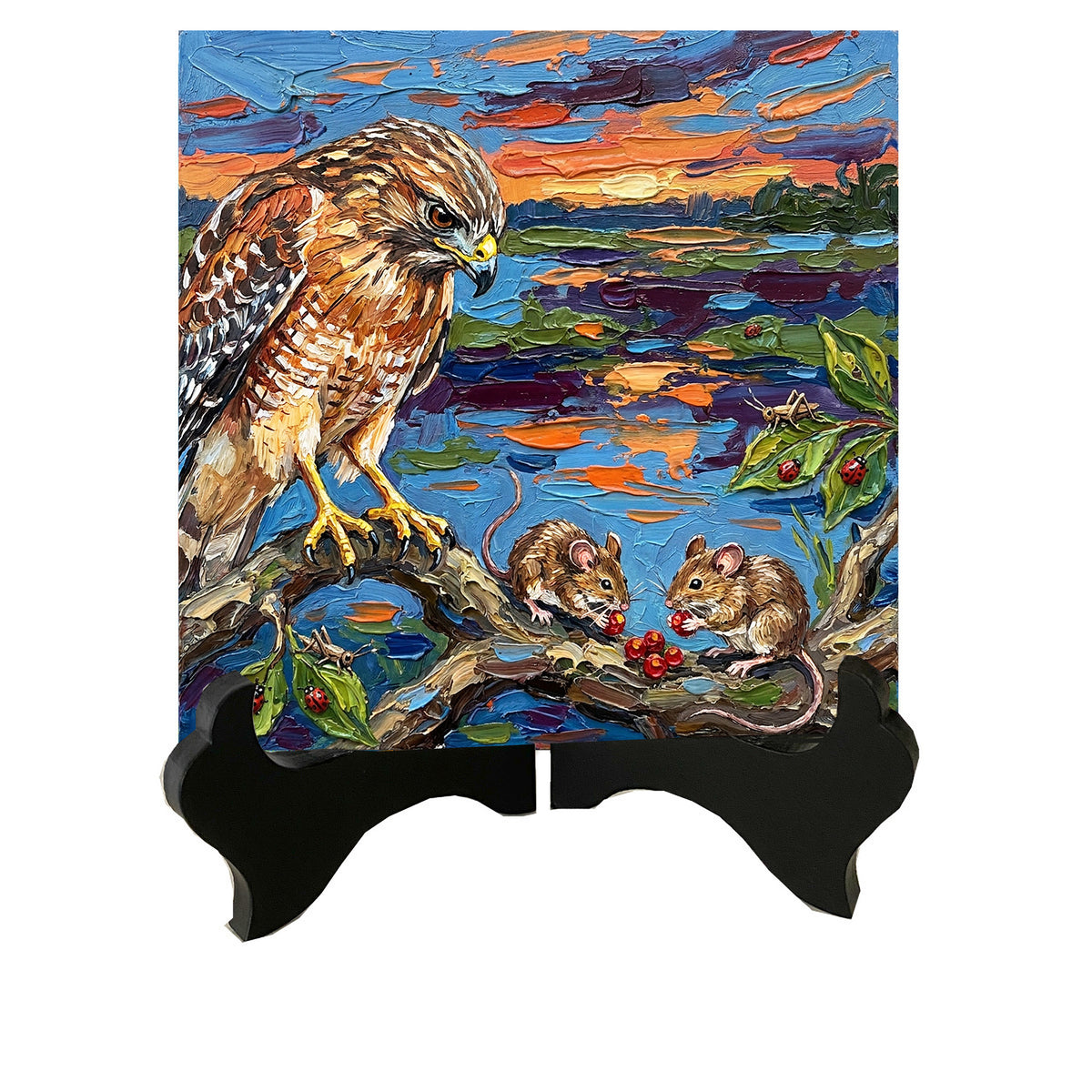 Hawk and Mice by the Water – Glossy Ceramic Art Tile