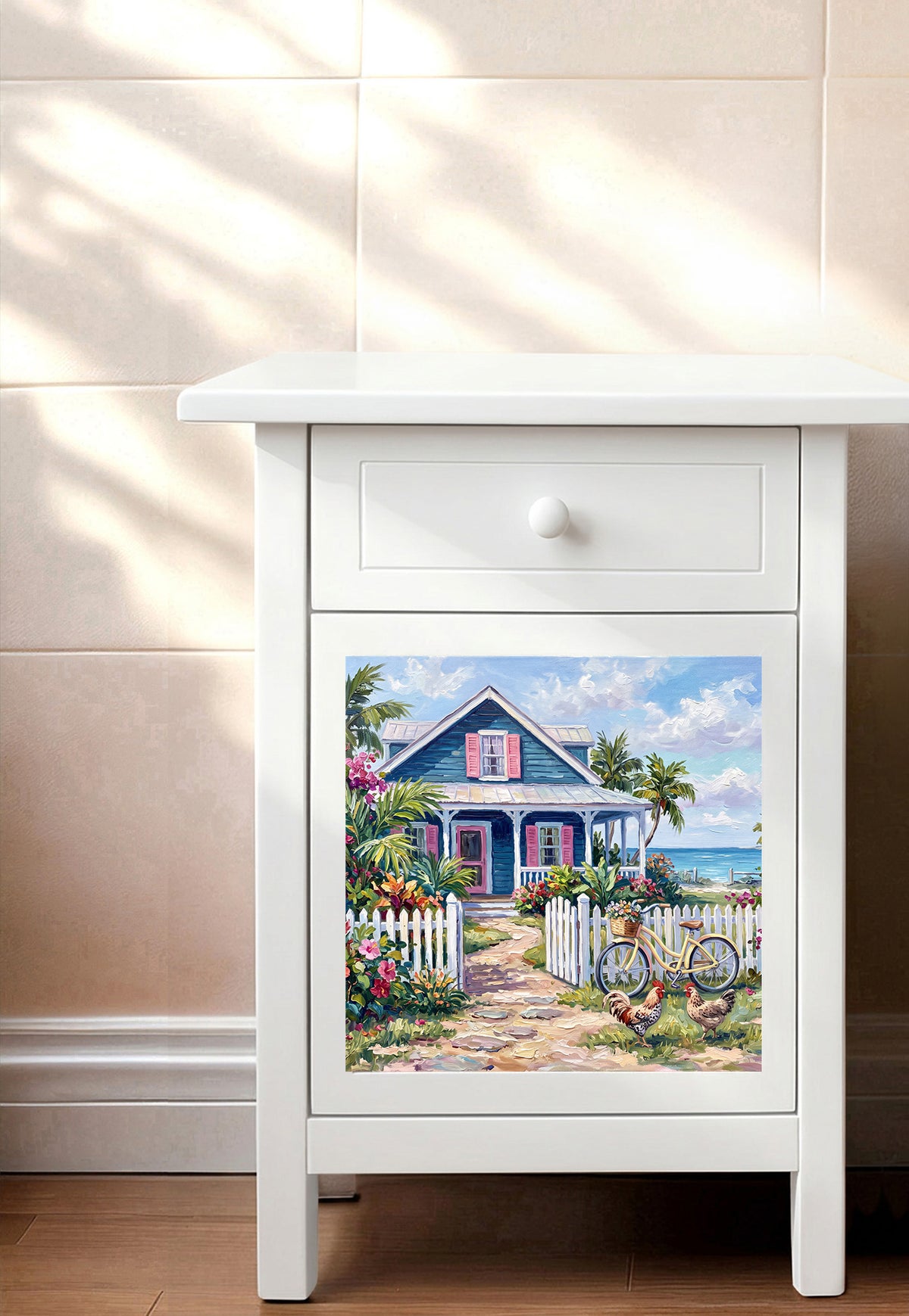 Key West Blue Cottage & Bicycle | Glossy Ceramic Art Tile