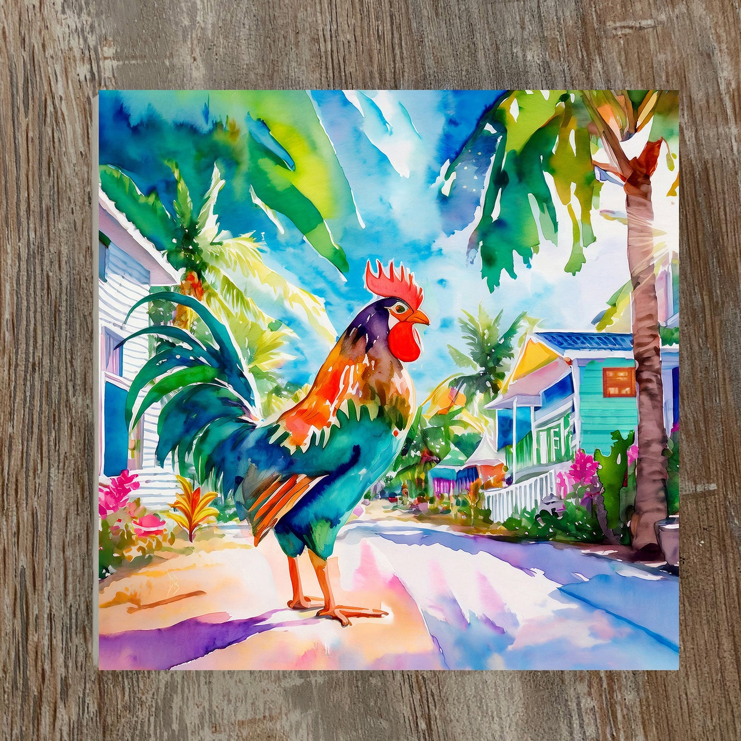 Key West Rooster Strutting Through Paradise Watercolor Ceramic Art Tile