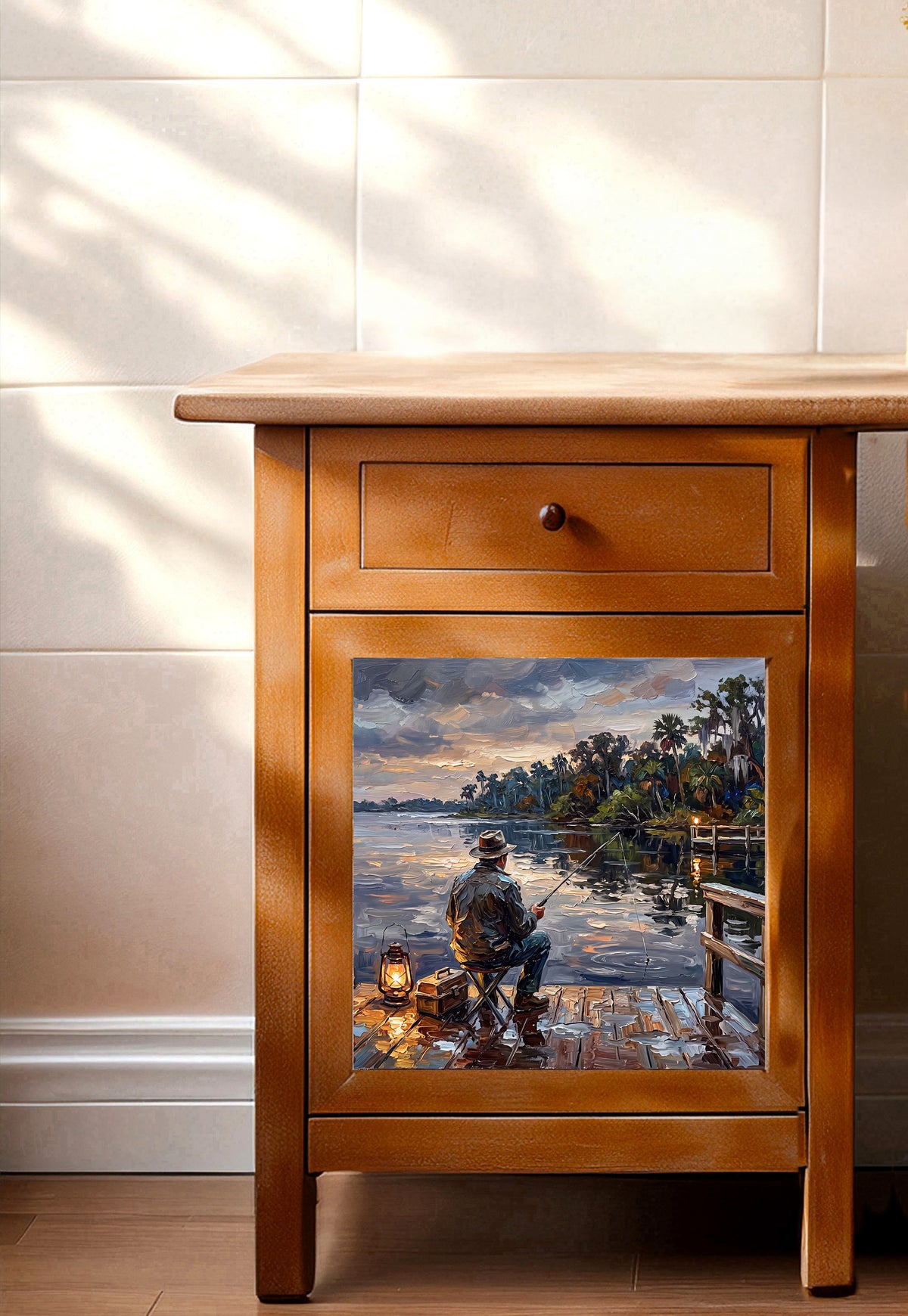 Lantern-Lit Fishing at Dusk | Glossy Ceramic Art Tile