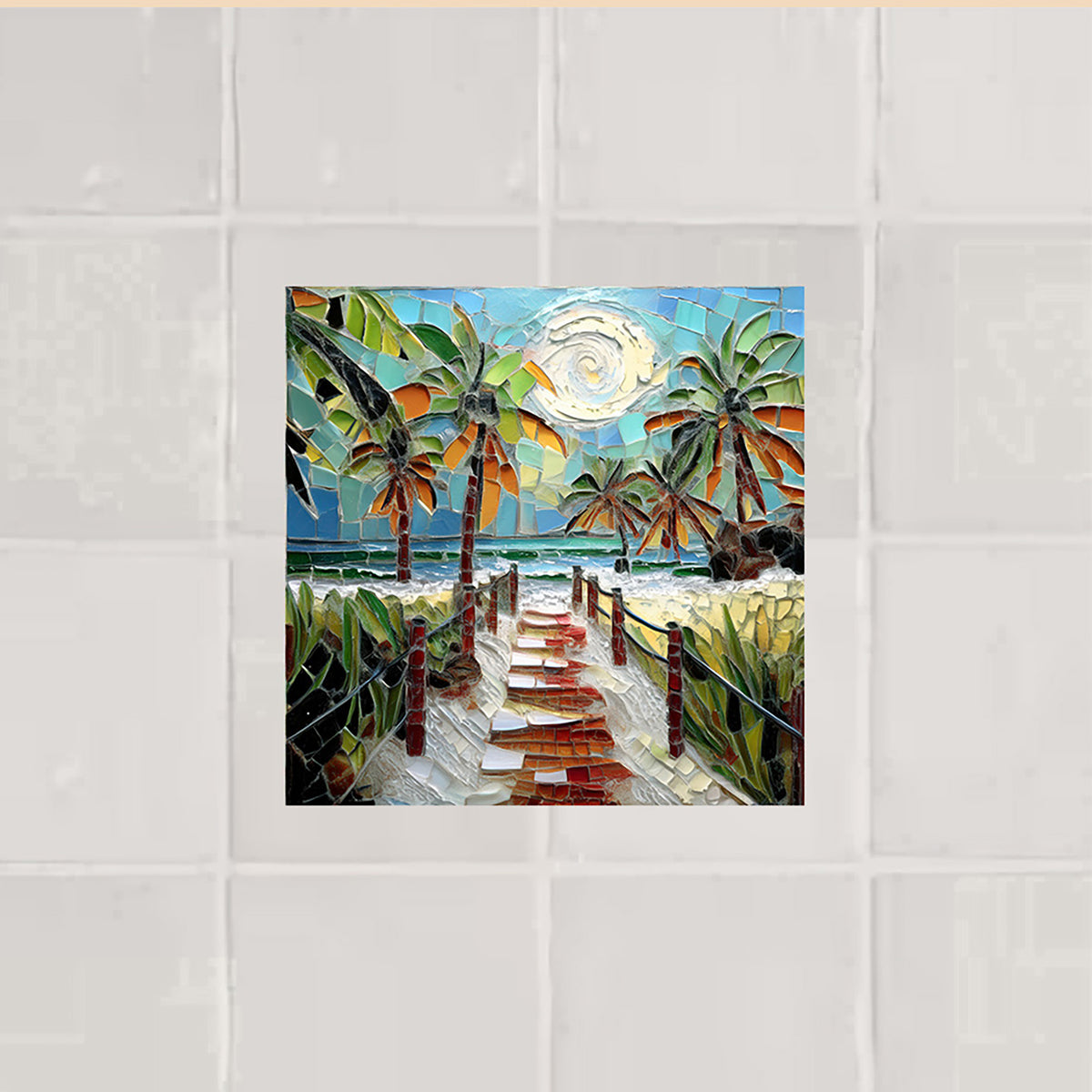 Beach Path to the Sea – Mosaic Look Palm Tile | Glossy Ceramic Art Tile