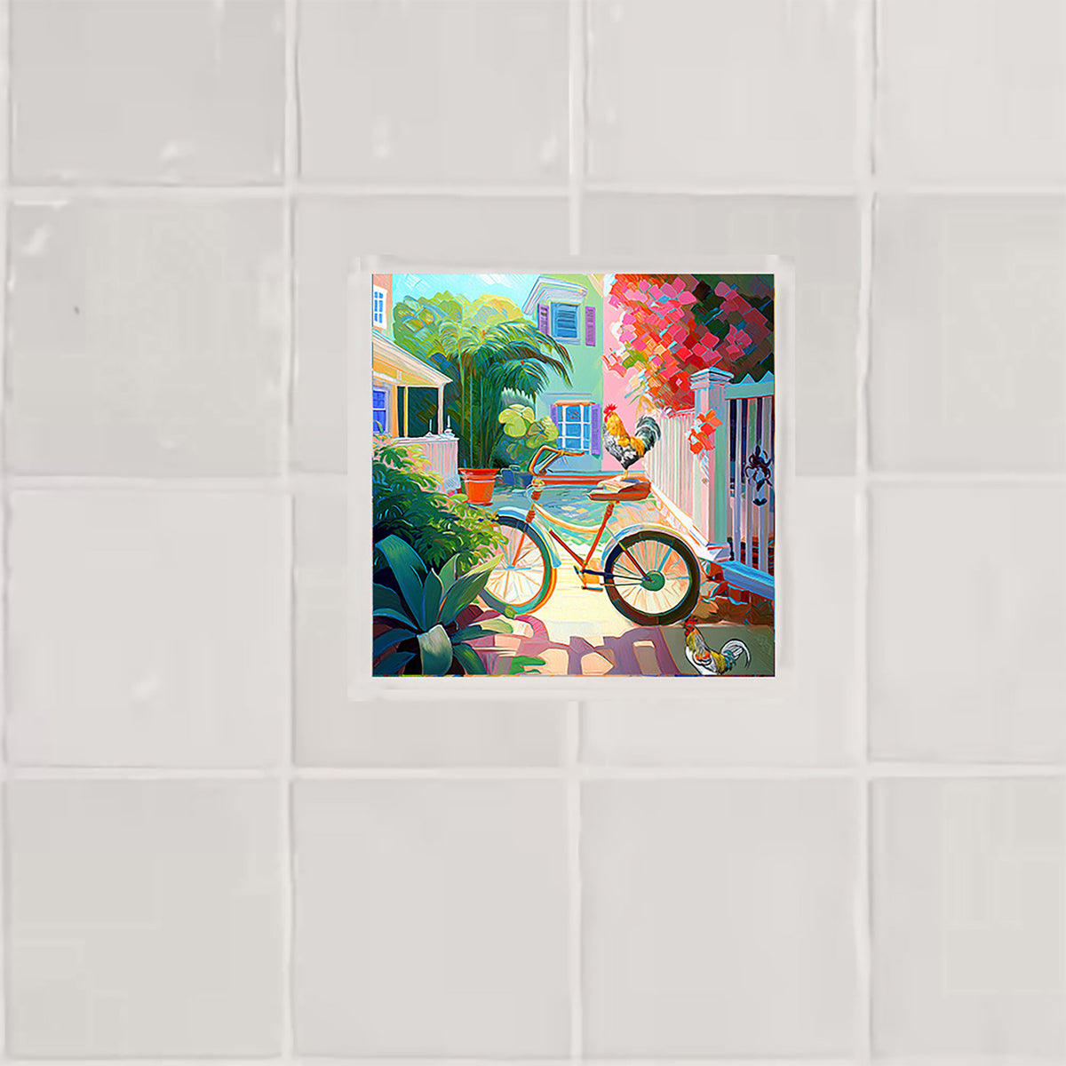 Key West Courtyard Roosters & Bicycle Ceramic Art Tile