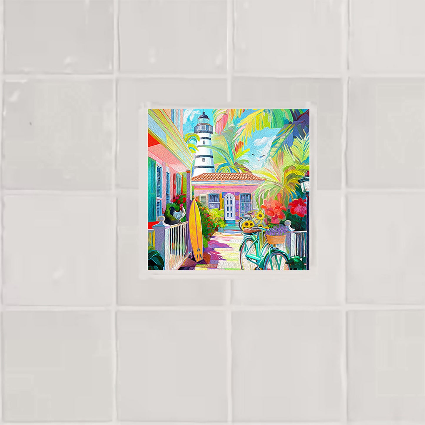 Key West Rooster & Bicycle Ceramic Art Tile