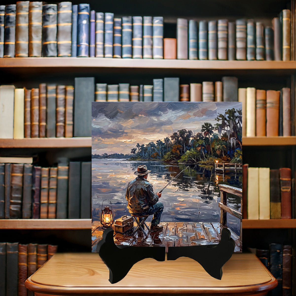 Lantern-Lit Fishing at Dusk | Glossy Ceramic Art Tile