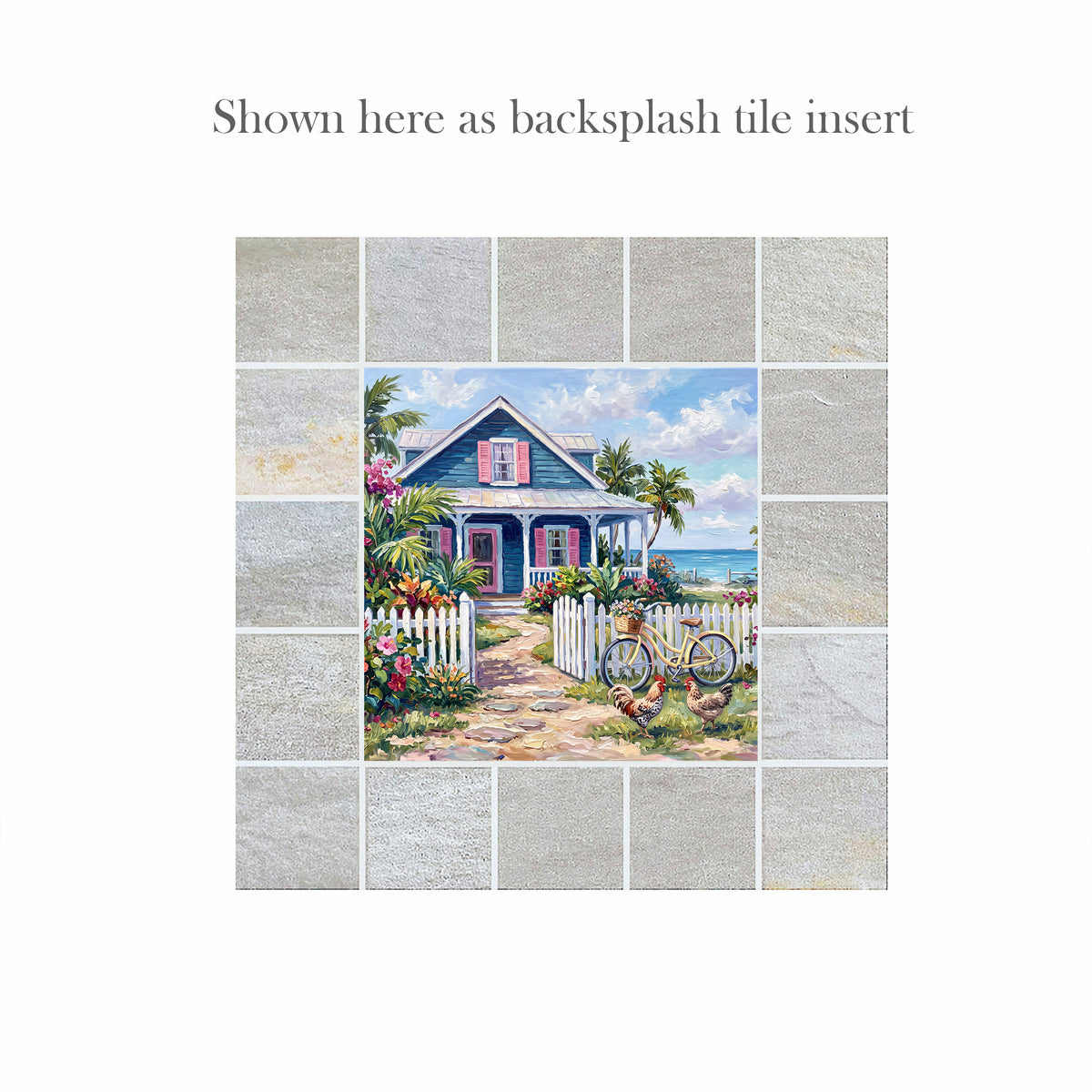 Key West Blue Cottage & Bicycle | Glossy Ceramic Art Tile