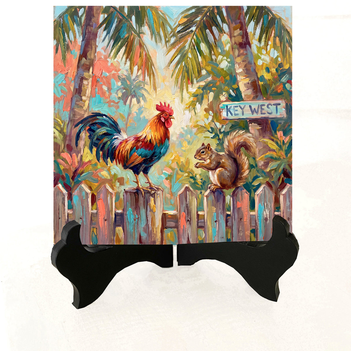 Key West Rooster & Squirrel on the Fence | Ceramic Art Tile