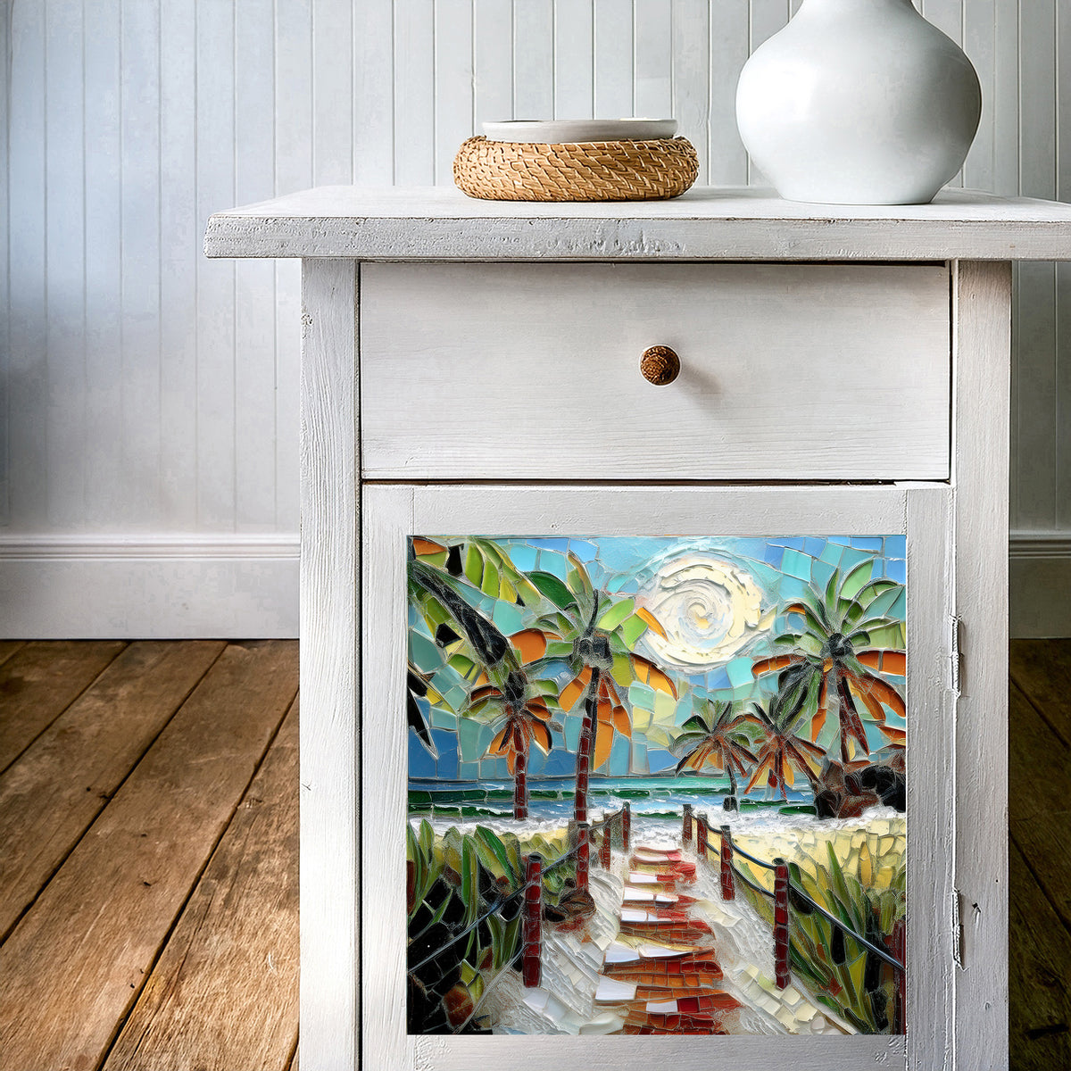 Beach Path to the Sea – Mosaic Look Palm Tile | Glossy Ceramic Art Tile