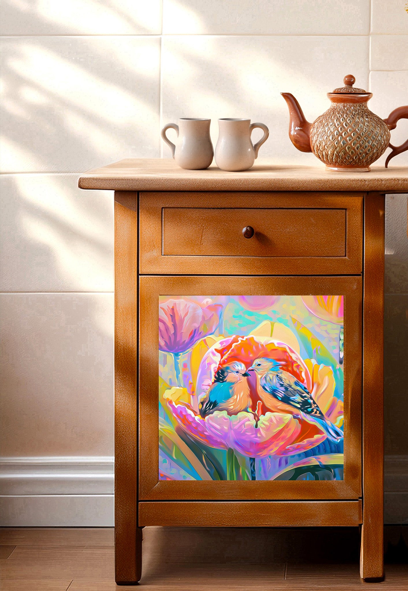 Two Birds in a Tulip – Glossy Ceramic Art Tile