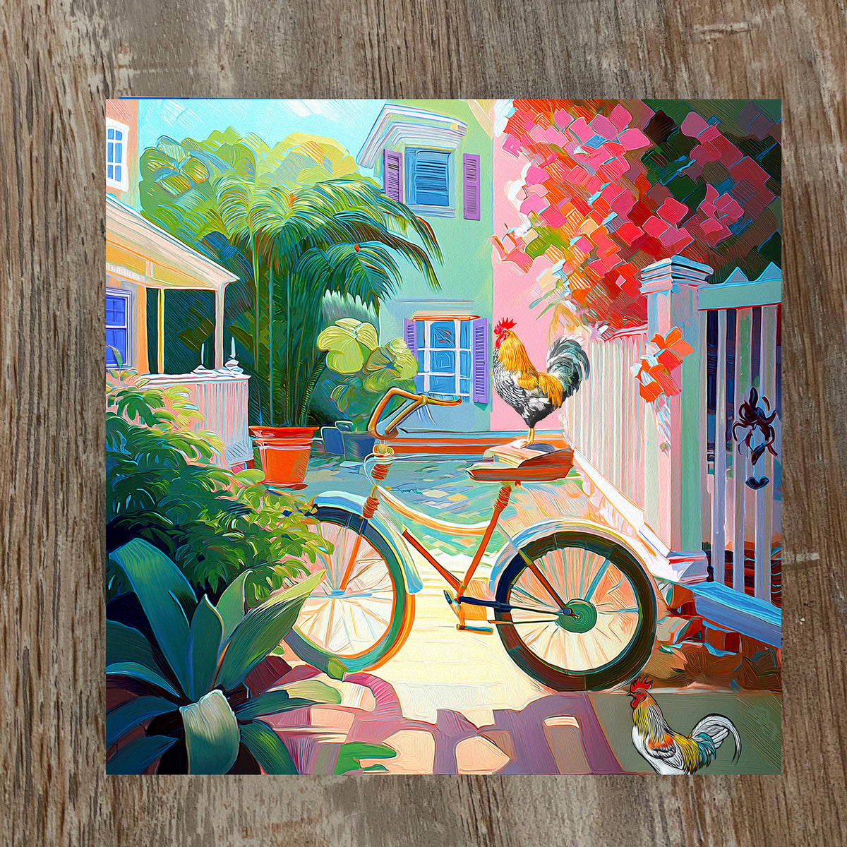 Key West Courtyard Roosters & Bicycle Ceramic Art Tile