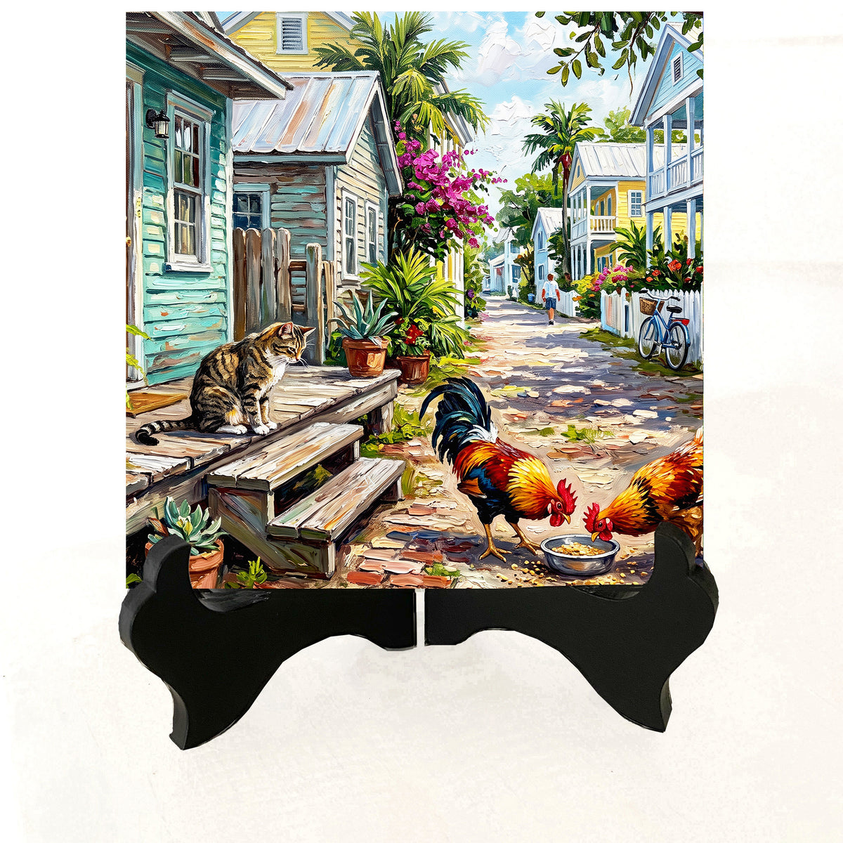 Key West Lane with Cat & Roosters | Glossy Ceramic Art Tile