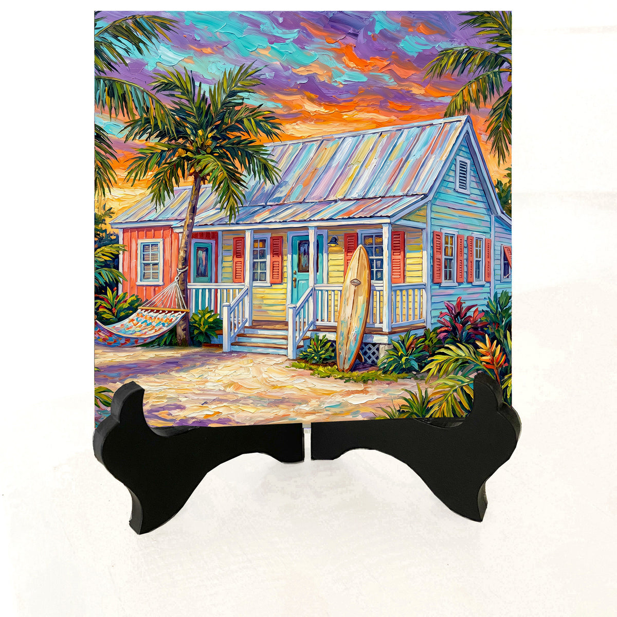 Key West Sunset Conch Cottage with Surfboard & Hammock Ceramic Art Tile