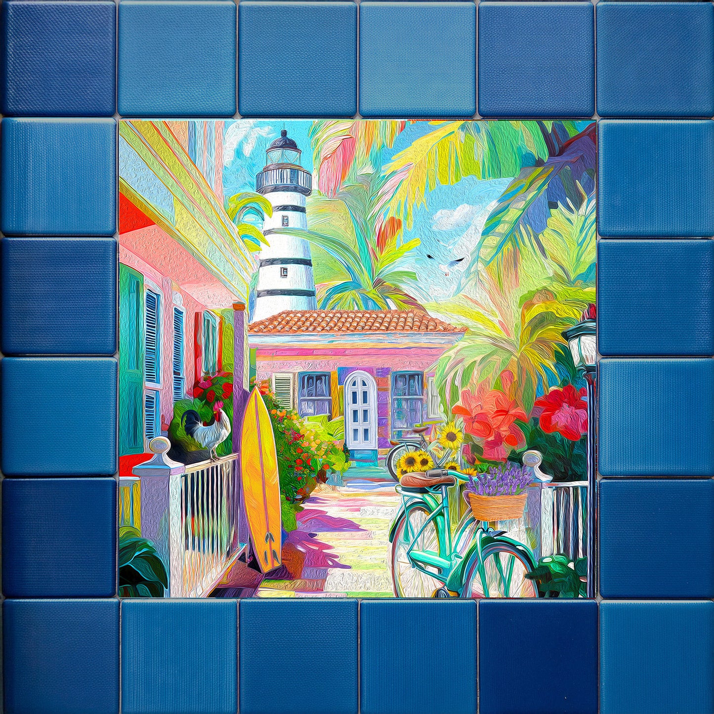 Key West Rooster & Bicycle Ceramic Art Tile